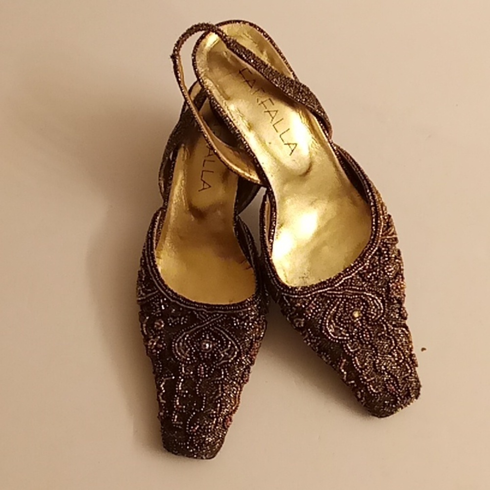 FARFALLA Women's Size 37 Beaded Black-Gold Mule Shoes GY1D X